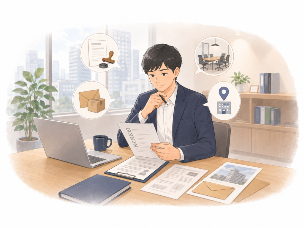 法人登記や郵便管理を確認しているイメージ