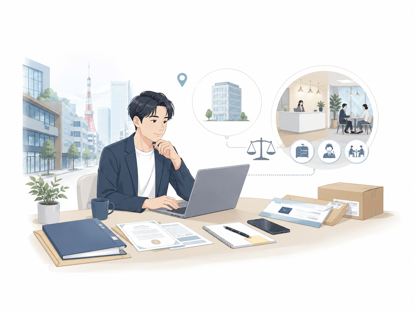 バーチャルオフィスの安全性を確認しながら都心拠点を検討するビジネス利用者のイメージ