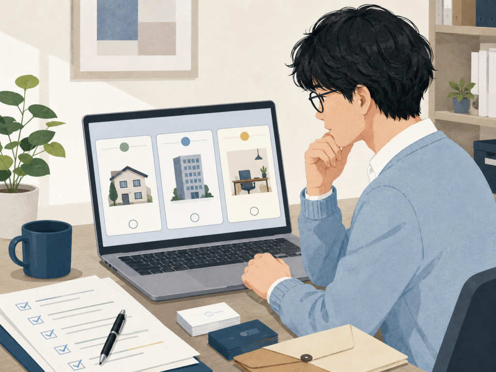 起業時の住所選びで自宅住所・賃貸オフィス・住所サービスを比較しているイメージ