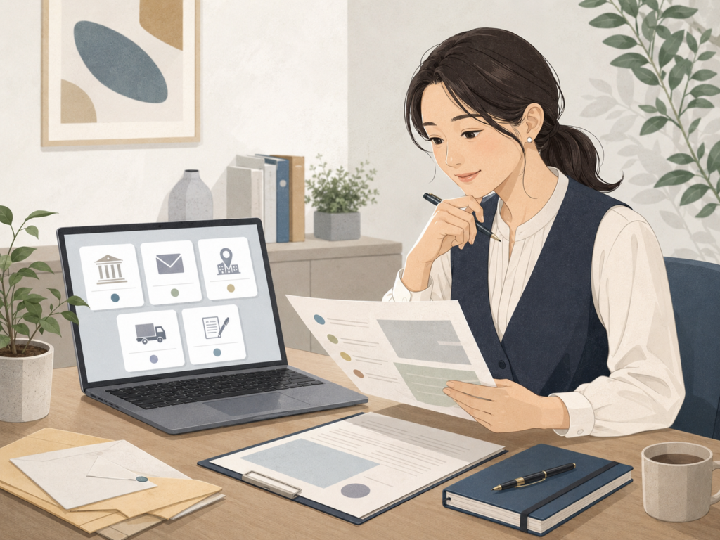 起業時の会社住所の確認項目を整理しているイメージ