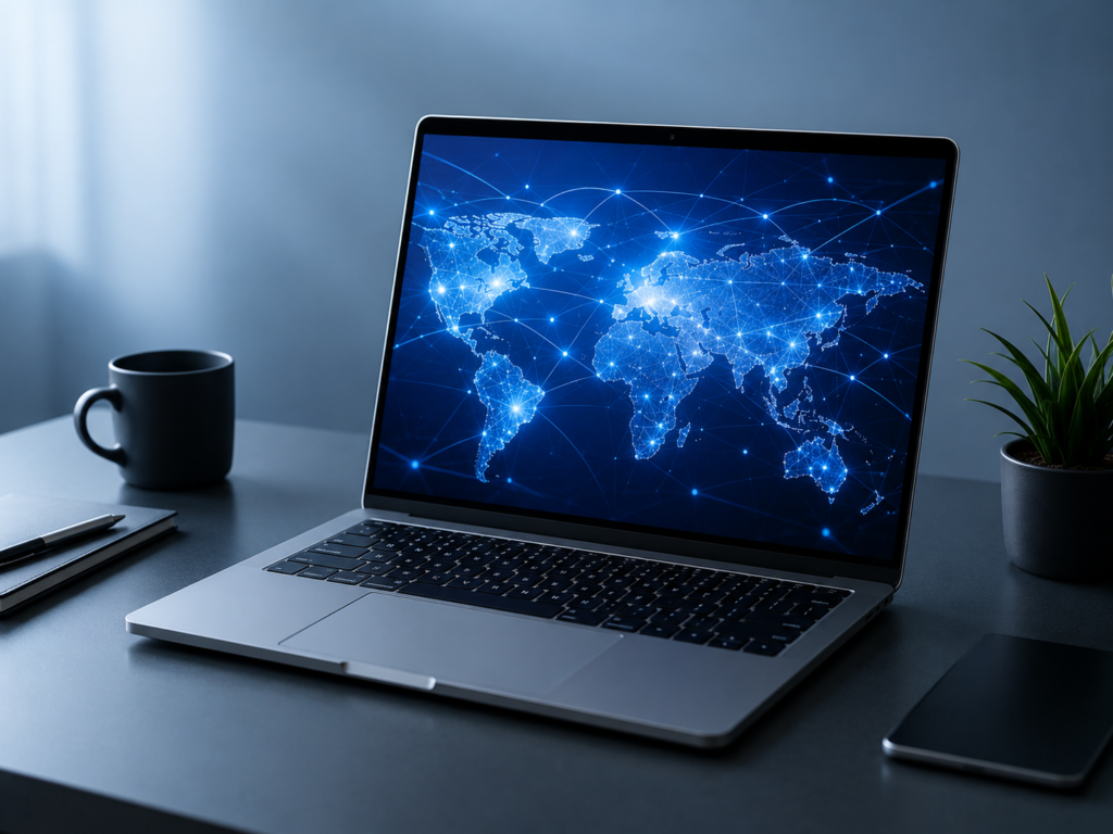 オンラインでつながるネットワークの抽象図が表示されたノートパソコン(オンラインを主軸とするスタートアップ企業の多様な働き方)