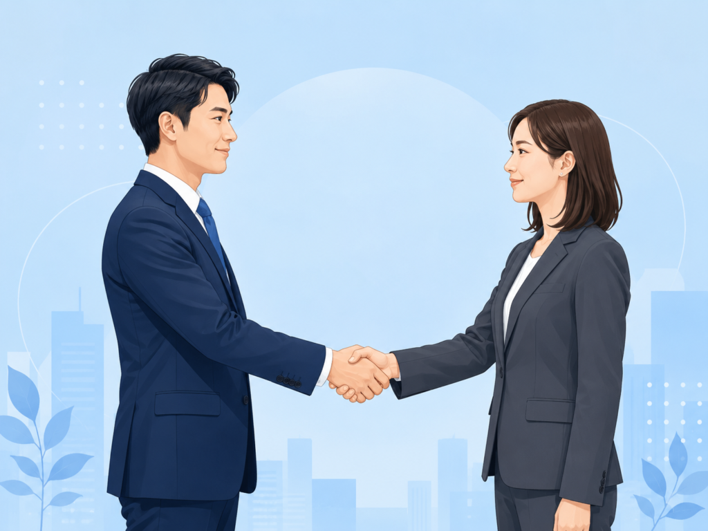 ビジネスパーソンが硬い握手を交わすイラスト(金融機関との信頼関係構築と取引開始の合意)