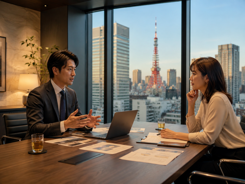 洗練されたバーチャルオフィスの会議室で、資料を広げて落ち着いて打ち合わせをするビジネスパーソン。窓の外には都会の景色が見える。